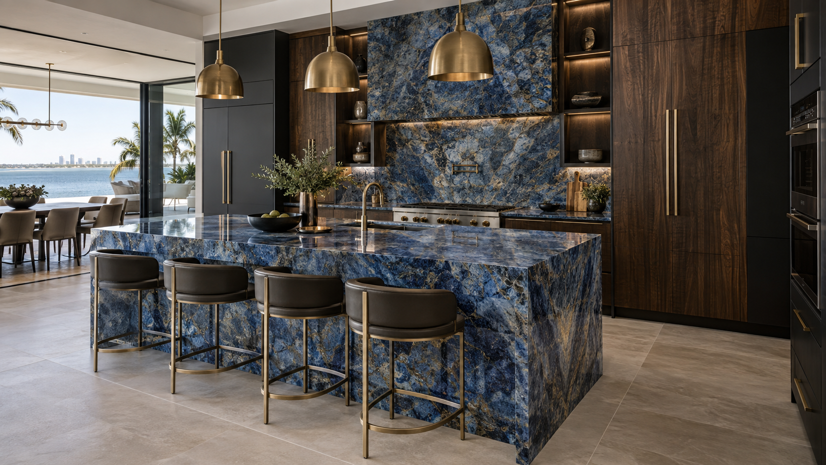 Luxury kitchen with Blue Bahia exotic granite and smoked eucalyptus cabinetry