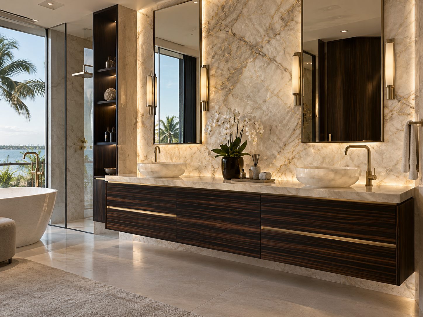 Macassar ebony bathroom vanity with Cristallo quartzite
