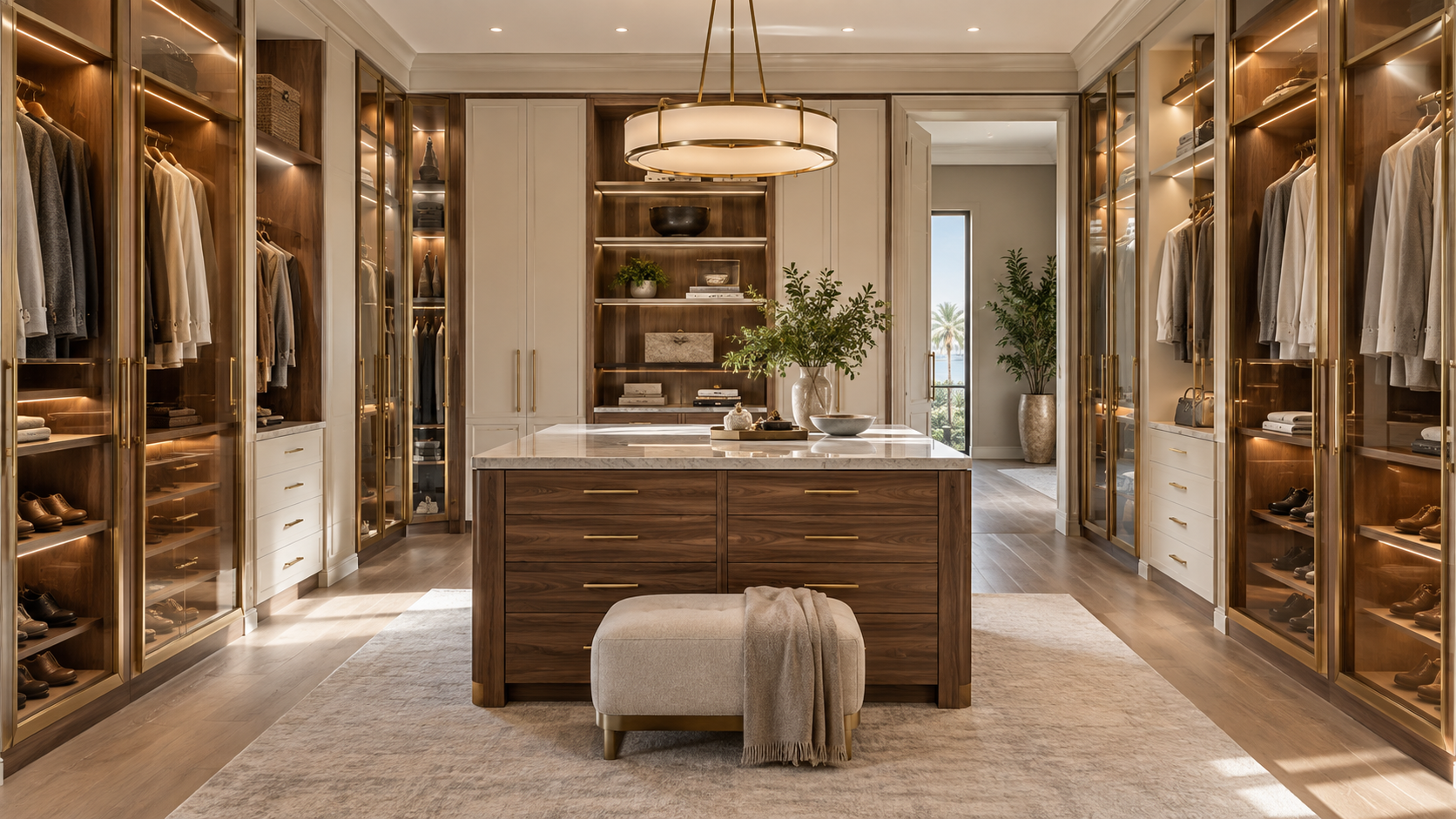 Modern luxury walk-in closet with custom cabinetry, glass wardrobes, island storage, and integrated lighting